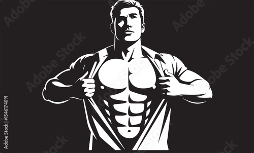 Muscular man ripping shirt strong bodybuilder