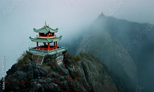 Wallpaper Mural Lone Pagoda on Misty Mountain Peak at Dawn in Peaceful Spiritual Landscape Video Scene Torontodigital.ca