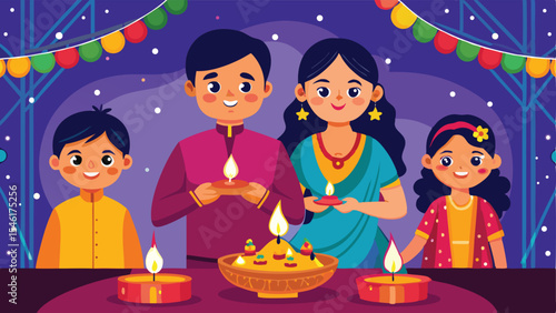 family celebrating happy Diwali with lights, vector illustration