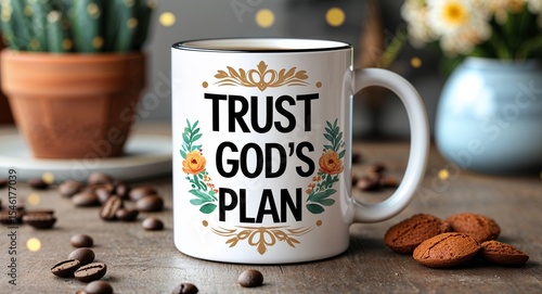 Trust Gods plan lettering on coffee mug at table motivation inspiration quote saying