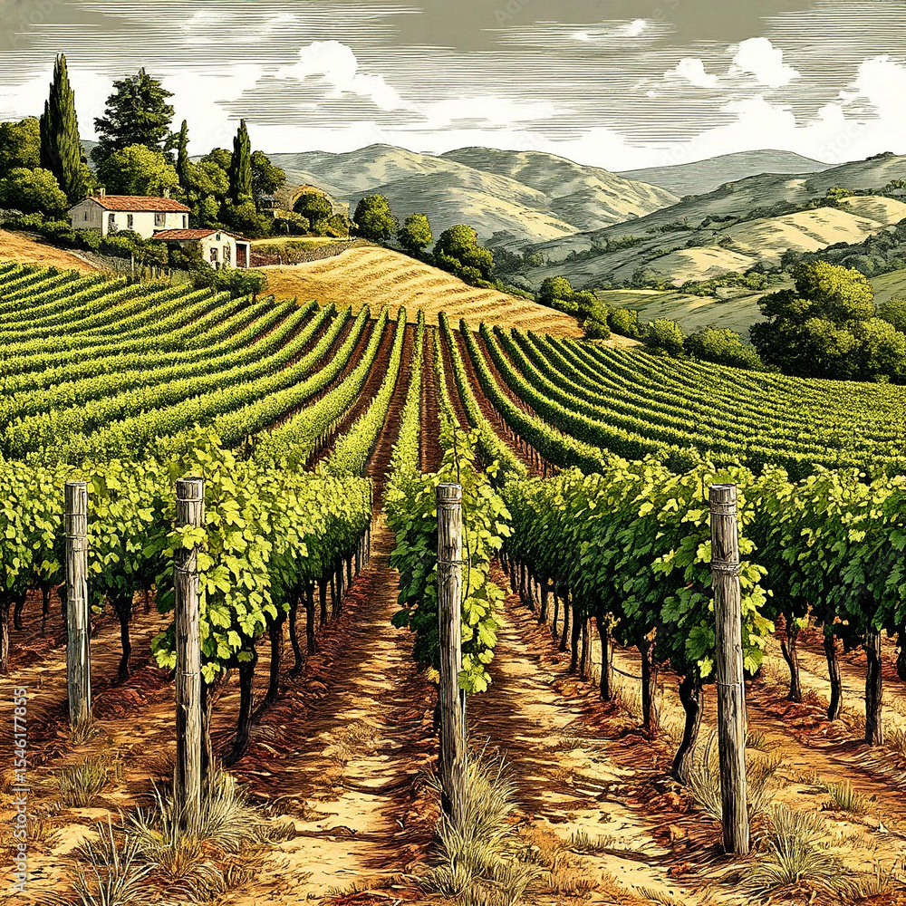 Obraz premium A vineyard plantation on a stylized engraving. Digital illustration. Panorama of the hills, Italian houses and growing grapes, The theme of wine, winemaking and labels, prints.