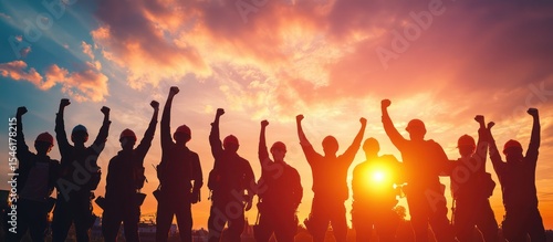 Silhouette of workers celebrating at sunset