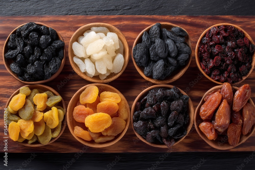 Obraz premium Wooden bowls overflowing with colorful dried fruits on rustic board