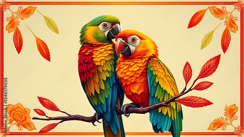 Fototapeta premium parrot, feathers ,wedding card design, royal India