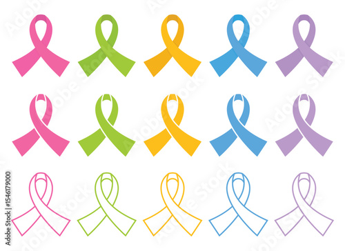 A collection of colorful awareness ribbons represents support for various causes. Ribbons are pink, green, yellow, blue and purple in three rows. Isolated on white.