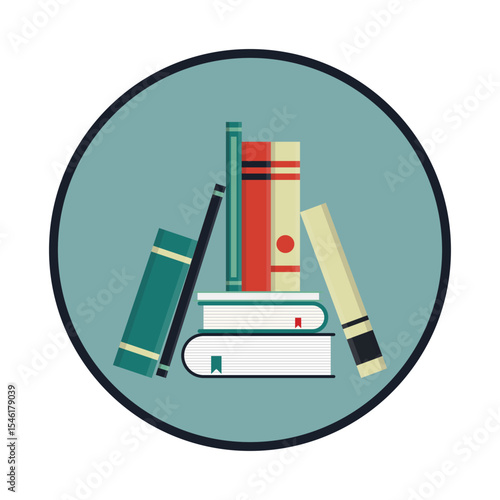 A stylized graphic featuring a stack of various colorful books, neatly arranged. The books are set against a light blue background encased in a dark blue circle.