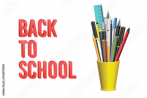 A vibrant image with a yellow holder filled with pencils, pens, and a ruler. The text "BACK TO SCHOOL" is featured alongside against a subtle checkered backdrop.