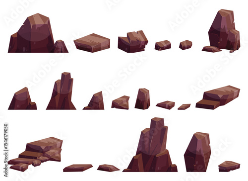 A collection of cartoon rocks and boulders in various sizes and shapes. The color of the rocks is brown, and they are all isolated on a white background.