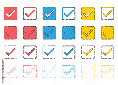 A multicolored array of checkmark symbols, in various hues like red, blue, and yellow. The icons are in squares with solid and dashed borders, evoking concepts of choice.