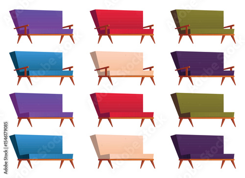This image showcases an array of colorful cartoon armchairs against a plain white background. The chairs vary in shades like purple, red, blue, beige, and green.