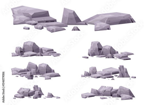 This image shows a variety of cartoonish rocks and stones. They are presented in piles and as individual pieces, with different shapes and sizes.