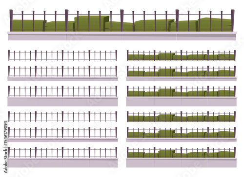 A collection of fence designs, some with hedges and some without, each sitting atop a short wall, creating a variety of garden and property boundaries.