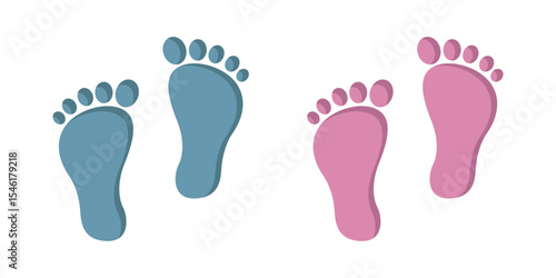 Two pairs of cartoon baby footprints are arranged on a white background. One pair is colored pink, while the other is blue. The image evokes gender reveal theme.