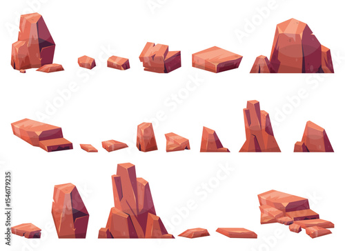 A set of cartoon-styled rock formations in multiple sizes and shapes. They are designed with angular edges and shades of red, perfect for a desert or canyon landscape.