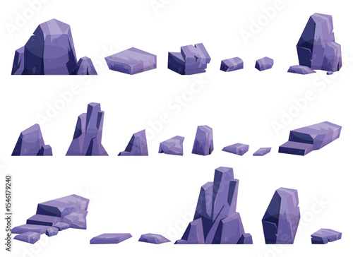 An array of stylized purple and blue rock formations. The stones vary in shape and size, offering a diverse range of geological structures ideal for artistic rendering.