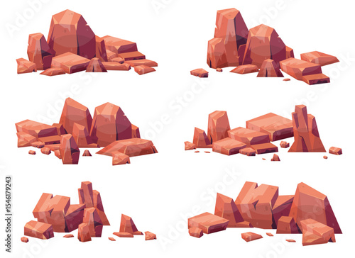 A collection of cartoonish rock formations, depicted in various arrangements on a plain white background. The rocks are predominantly red, suggesting desert environments.