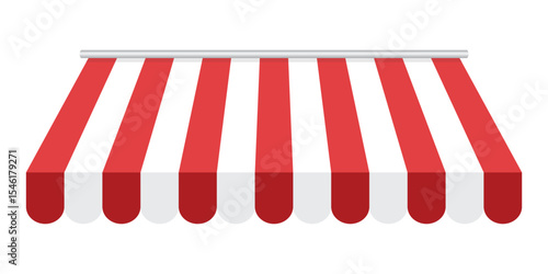 A red and white striped awning protects a window or entrance. The awning provides shade and visual appeal, creating a welcoming atmosphere while keeping the sun out.
