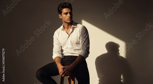 Man posing in white shirt with shadow on the wall behind