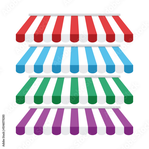 A vibrant display features four striped awnings in red, blue, green, and purple, each alternating with white stripes against a clean, white backdrop. The image conveys simplicity.