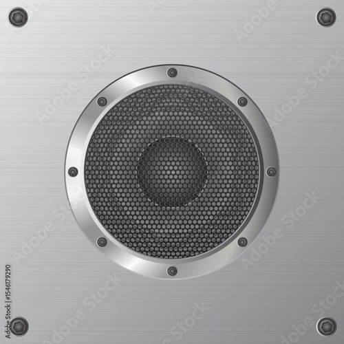 The image features a silver metal speaker with a perforated grill at its center, mounted on a textured silver metal surface. The speaker is secured with visible screws.