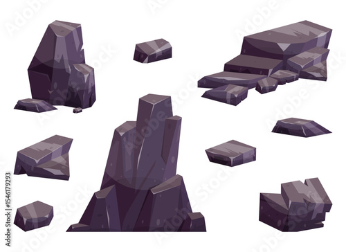 This image features a collection of cartoon-styled rocks. The rocks vary in size and shape. They are rendered in a dark gray color with light shading to give depth.