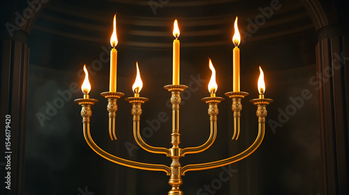 Seven-armed golden menorah candlestick in a tabernacle sanctuary with fire and flame effects, Seven arms, golden