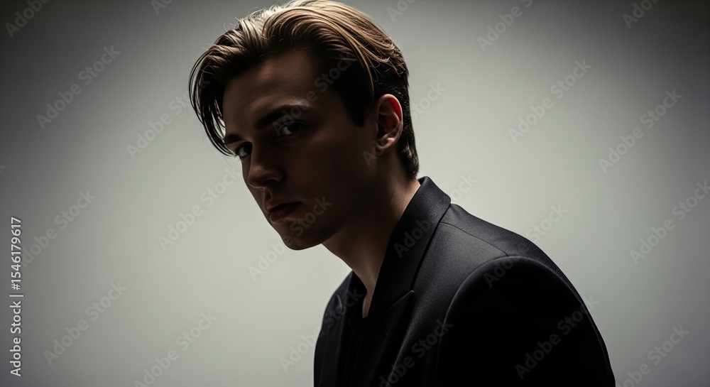 Obraz premium Portrait of a young man in a dark suit looking sideways