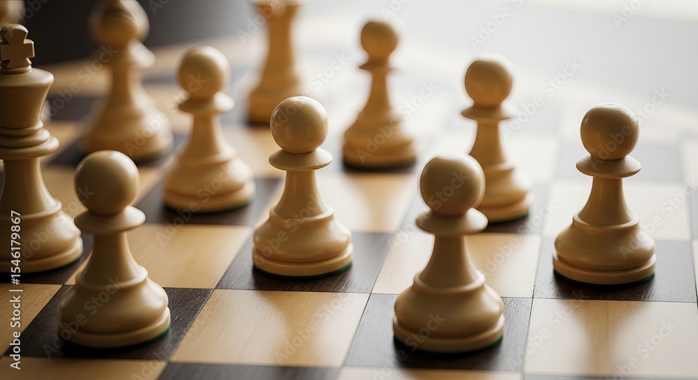 Chess pieces on a board in a strategic game of intellect Chess pieces on a board in a strategic game of intellect