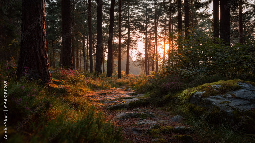 Obraz premium 光と影が織りなす夕暮れの森道