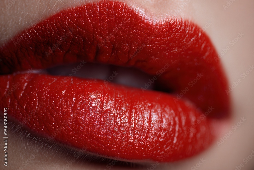 Obraz premium Woman wearing glossy red lipstick showing lip texture