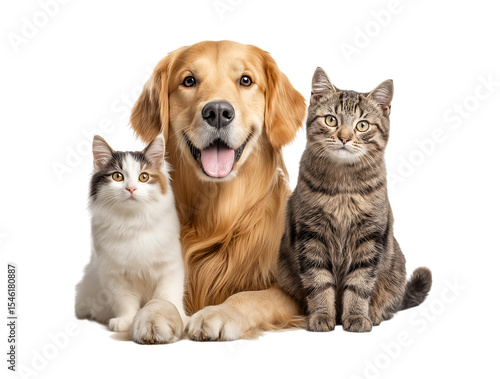 Fototapeta Naklejka Na Ścianę i Meble -  Adorable Friendship between cats and dogs, 
A dog and two cats, cute pet animals sitting together isolated on a transparent background