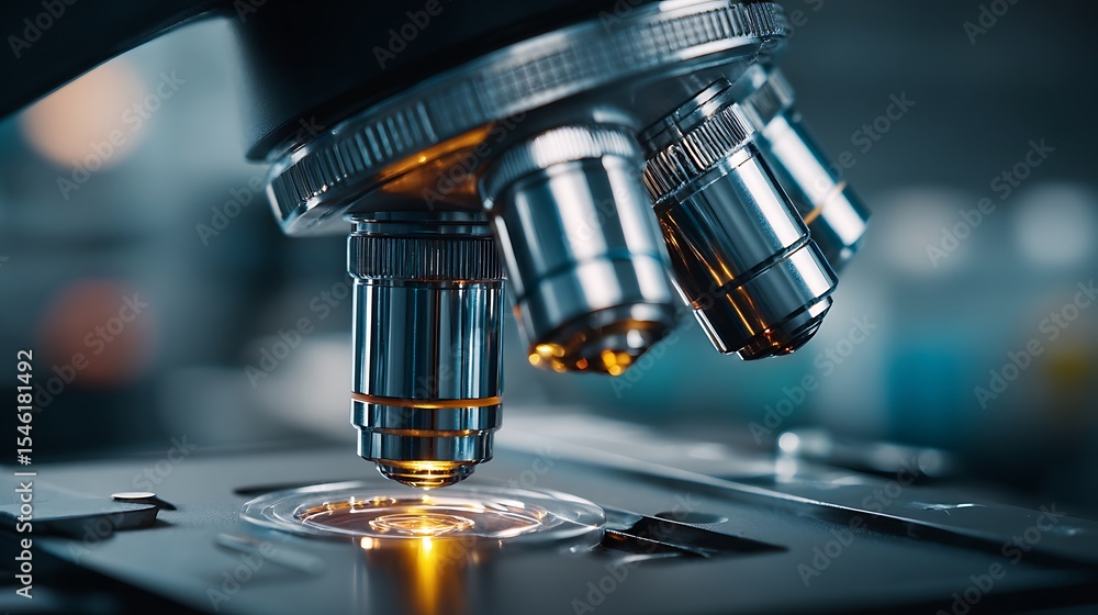 Microscope, microscope lens in a science laboratory Microscope, microscope lens in a science laboratory