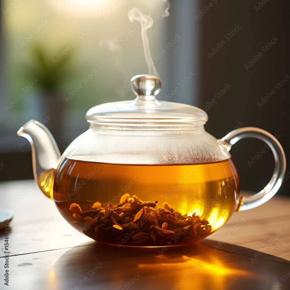 Golden Loose Leaf Tea Steeping in Clear Glass Teapot with Steam, Elegant Wellness and Tea Photography Golden Loose Leaf Tea Steeping in Clear Glass Teapot with Steam, Elegant Wellness and Tea Photography
