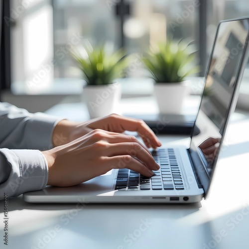 Close -up of hand typing on laptop keyboard in modern workspace with natural lighting 