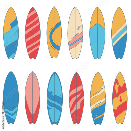 Colorful collection of surfboards. Vector illustration. Vector illustration for badge, logo, print, badge, card, cover, bag, case, invitation, emblem, label