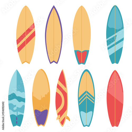 Colorful collection of surfboards. Vector illustration. Vector illustration for badge, logo, print, badge, card, cover, bag, case, invitation, emblem, label