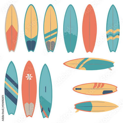 Colorful collection of surfboards. Vector illustration. Vector illustration for badge, logo, print, badge, card, cover, bag, case, invitation, emblem, label