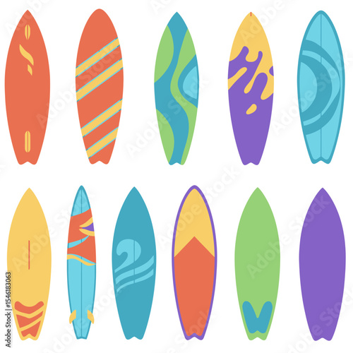 Colorful collection of surfboards. Vector illustration. Vector illustration for badge, logo, print, badge, card, cover, bag, case, invitation, emblem, label