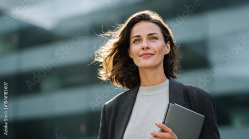 Portrait of a confident businesswoman holding a digital tablet outdoors with wind in her hair standing against modern office building background ideal for corporate success and leadership themes