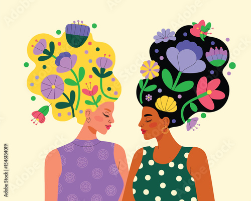 vibrant illustration of two diverse women with floral hairstyles in full bloom, symbolizing nature, beauty, elegance, and individuality