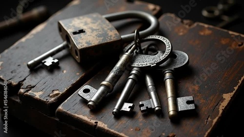 old rusty key.Antique Keys and Rusty Padlock on Stack of Old Books - Vintage Still Life.