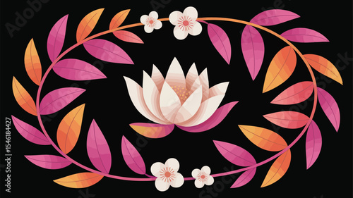 elegant lotus flower and foliage wreath in vibrant pink and orange tones on black background, perfect for decorative and artistic use