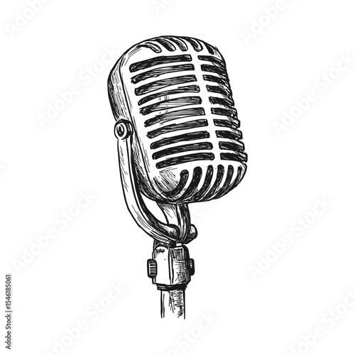 Vintage microphone sketch in black and white illustration  