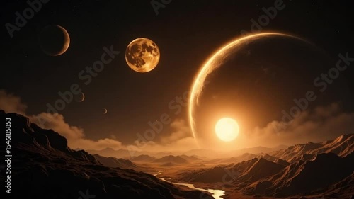 sun rising over the earth.Golden Exoplanet Landscape: A Sci-Fi Dream of Distant Worlds.