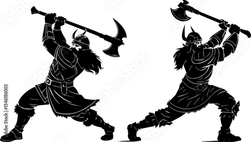 Dynamic Viking Warrior Silhouettes with Axes - Norse Combat Illustration