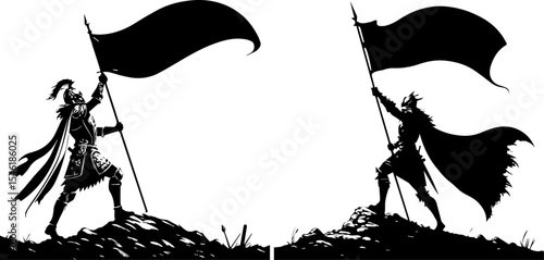 Victorious Warrior: Heroic Knight Planting Flag on Mountain Peak Silhouette