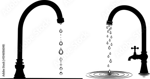 Dripping Water Faucet Silhouettes: Water Conservation and Waste Concept