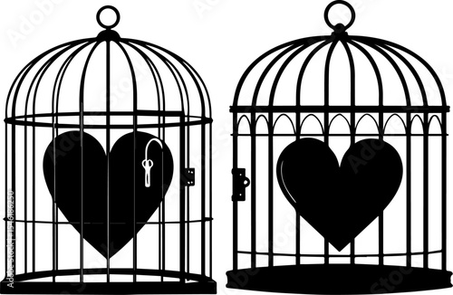 Hearts in Birdcages Silhouette - Love and Freedom Metaphor Vector