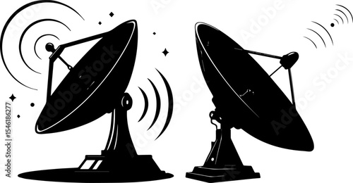Satellite Dishes Transmitting Signals Silhouette - Global Communication Vector