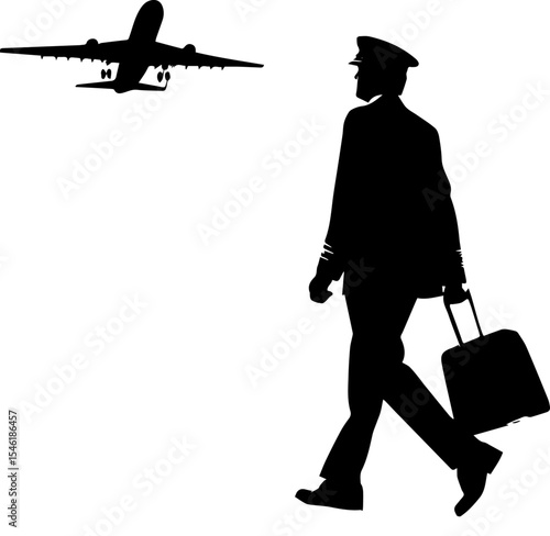 Airline Pilot Walking with Luggage and Departing Airplane Silhouette